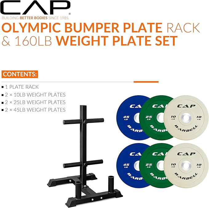 CAP Barbell 2-Inch Olympic Bumper Plate Weight Set with 6 Post Rack | 100-370 lbs | Multiple Options