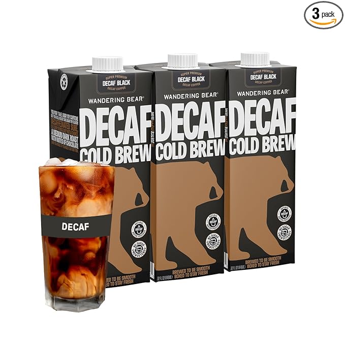 Wandering Bear Decaf Cold Brew Coffee - Bold, Smooth, No Sugar Added, Shelf-Stable, Ready to Drink, Gluten Free & Vegan Decaf Iced Cold Brewed Coffee Drink - 32 fl oz, 3 pack
