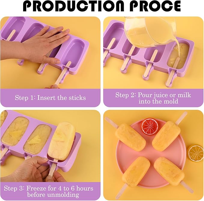 Sakolla Large Silicone Popsicle Molds Set of 3, Oval 4 Cavities Homemade Ice Pop Molds with 150 Wooden Sticks for Ice Cream, Cakesicles, Cake Pop (Purple)