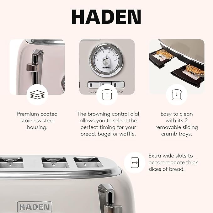Haden Dorset 4 Slice Wide Slot Stainless Steel Toaster with Adjustable Browning Control & Non-Slip Feet, Putty & Chrome
