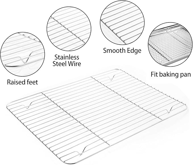 Stainless Steel Baking Sheet with Rack Set, Cookie Sheet with Cooling Rack, Set of 6 (3 Sheets + 3 Racks), Easy Clean