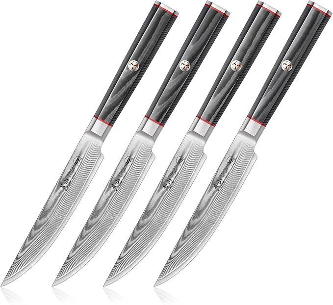 Cangshan YARI Series 4-Piece Fine Edge Steak Knife Set with Ash Wood Box, X-7 Damascus Steel