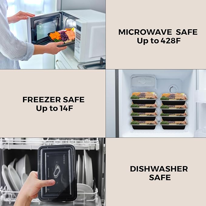 Klex 38 Oz, 50 Sets Meal Prep Containers with Airtight Lids, BPA Free, Reusable Plastic Food Container, 38 oz, Rectangular, Black/Clear, 50 Sets