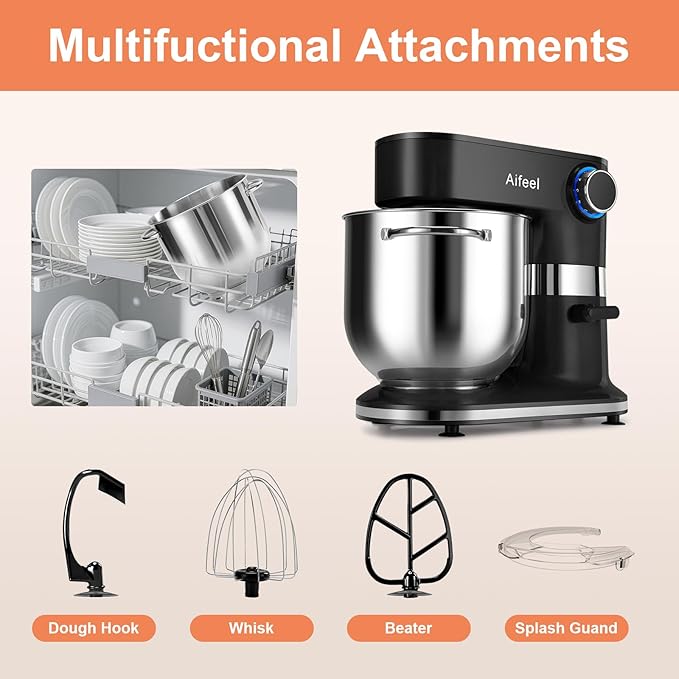 Aifeel 10.5 QT Stand Mixer,900W Electric Food Dough Mixer,Large Capacity Tilt-Head Kitchen Electric Mixer with Dough Hook,Beater,Whisk & Splash Guard,Dishwasher-Safe Attachments for Baking(Black)