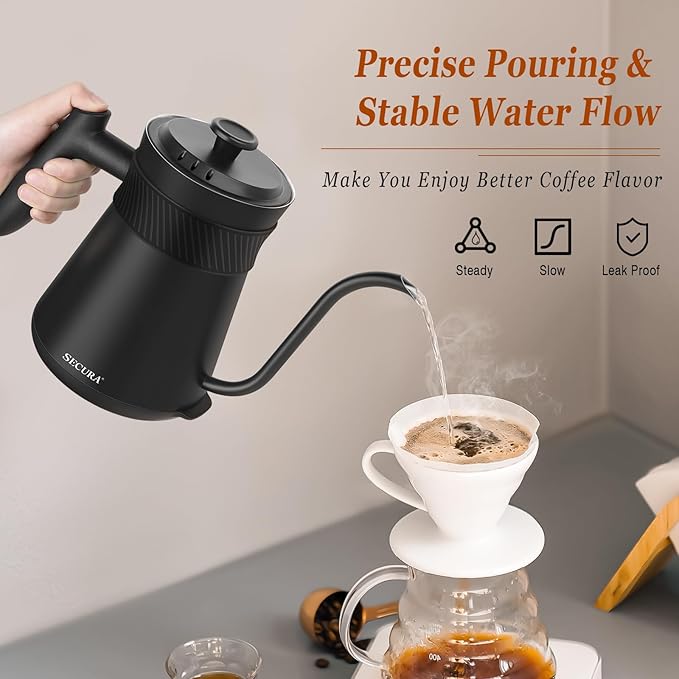 Secura Electric Gooseneck Kettle with 5 Temperature Control Presets, 100% Stainless Steel Inner Tea/Coffee Kettle with 1.5H Keep Warm, 1200 Watt Quick Heating for Coffee Tea Brewing, 0.8L, Matt Black