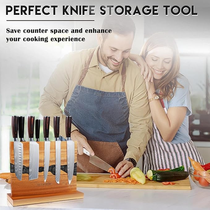 MEN WITH THE POT Magnetic Knife Holder 13 x 10 Inches, Multifunctional Double Sided Magnetic Knife Block Rack, Wood & Black Epoxy Universal Magnetic Knife Storage Stand for Kitchen Counter