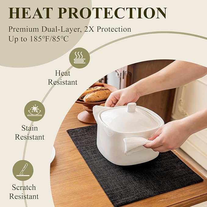 KXN Placemats Set of 8, Dual-Layer Thickened Faux Linen Table Mats, Heat Resistant & Wrinkle-Free, Machine Washable Cloth Place Mats for Kitchen Dining Indoor Outdoor (Black)
