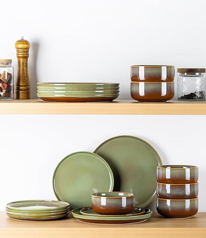 TheTerra Ceramic Dinnerware Sets for 6, 18 Pieces Handmade Reactive Glaze Plates and Bowls Set, Scratch Resistant Dish Set, Oven & Microwave & Dishwasher Safe, Brown Green