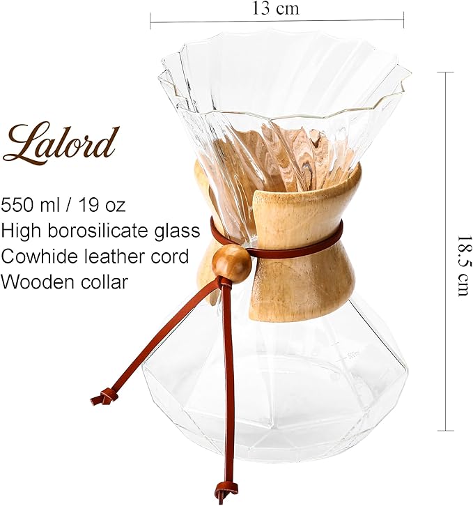Pour Over Coffee Maker, 19 oz Borosilicate Glass Coffee Carafe with 100 PCS V60 Paper Filter, Wooden Collar & Cowhide rope, Glass Coffee dripper (Clear, 550 ml)