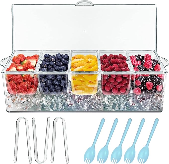 INNOVATIVE LIFE Bar Serving Tray on Ice with 5 Compartments Container, Fruit Trays for Serving, Garnish Platters with Lid, Clear