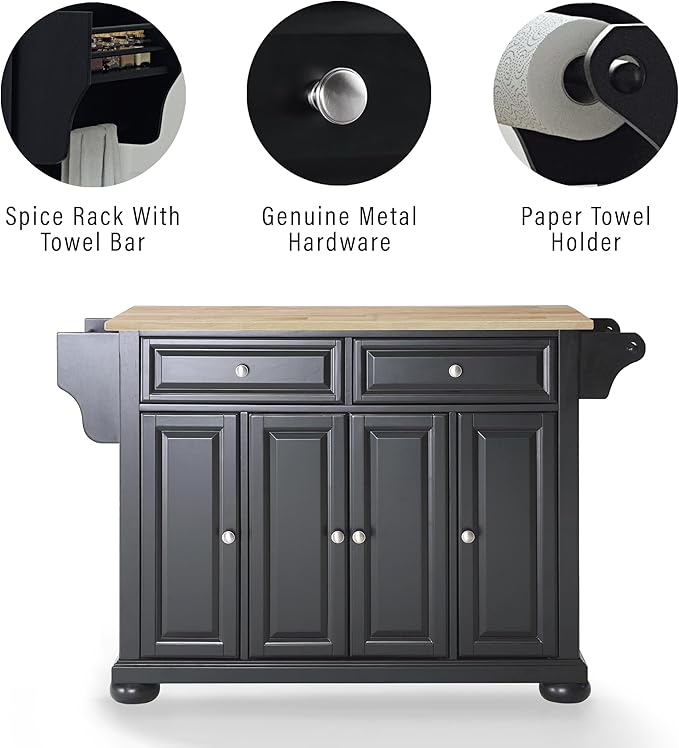 Crosley Furniture Alexandria Wood Top Rolling Kitchen Island Storage Cart, Microwave Stand, Spice Rack, Black
