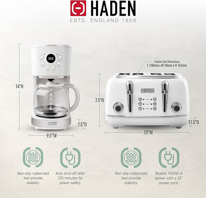 Haden Heritage 4 Slice Wide Slot Stainless Steel Toaster Bundled with 12 Cup Programmable Drip Coffee Maker Coffee Machine, Ivory & Chrome