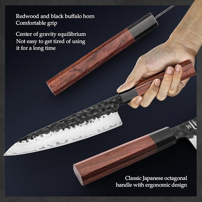 HEZHEN- 8.5 inch Chef Knife,3 Layers High Carbon Composite Forging Steel,Razor Sharp Kitchen Knife, Redwood Octagonal Handle With Wooden Knife Sheath with Premium Gift Box