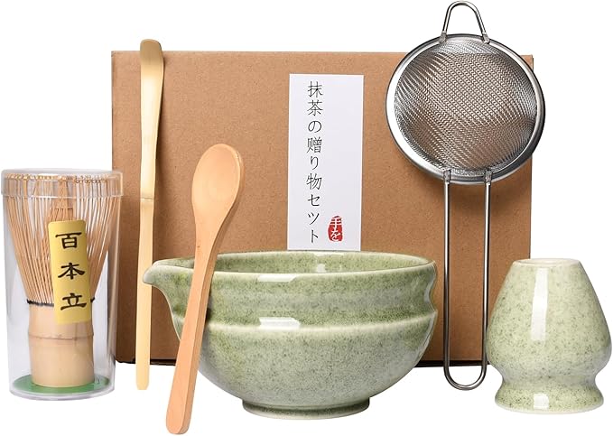 7 Pcs Matcha Whisk Set,Chasen Whisk,Matcha Bowl with Spout,Whisk Holder,Stainless Steel Sifter,Spoon,Scoop,Gift for Matcha Lovers