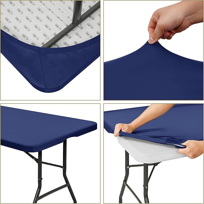 6 Pack Stretch Fabric Table Top Cap Cover, fits 8' Tables, Spandex Table Covers Washable Elastic Rectangle Tablecloth Protector for Indoor Outdoor Party Picnic Wedding, Navy Blue, 30" W x 96" L
