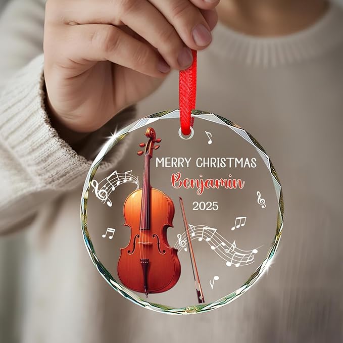 Cello Christmas Tree Glass Ornament, Personalized Text & Name Cello Musical Instrument Xmas Ornament Gifts for Musical Lover, Cellist Christmas Ornaments 2025, Custom Instrument Player Glass Keepsake