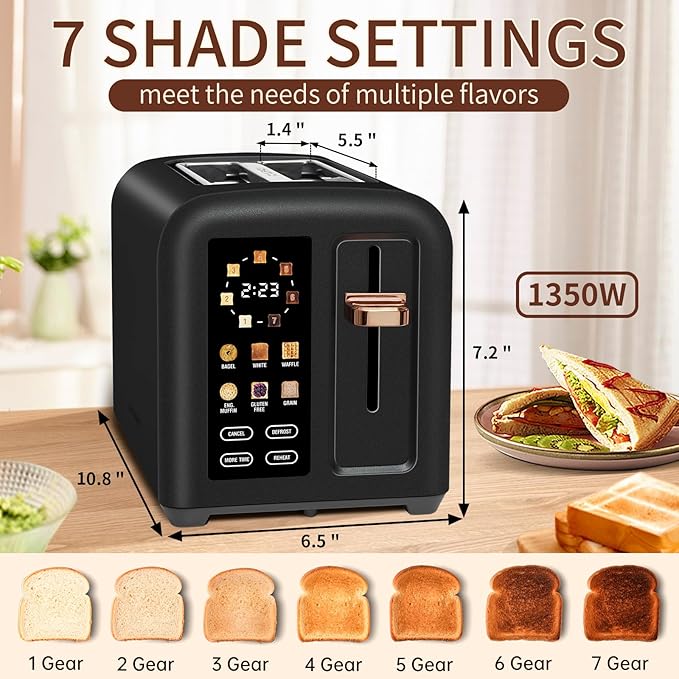 SEEDEEM Toaster 2 Slice, Touch Control Stainless Toaster LCD Display, 50% Faster Heating Speed, 1.4'' Wide Slots, More Timer Functions, Removable Crumb Tray, 1350W, Dark Chocolate