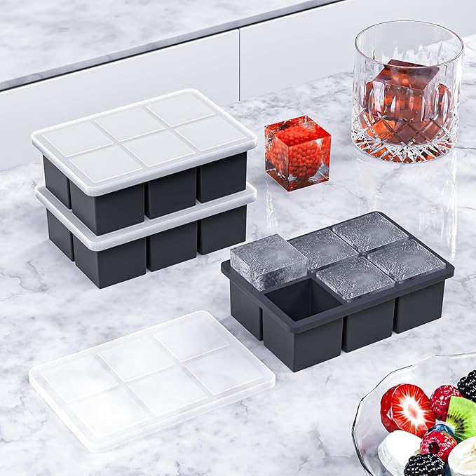 Large Ice Cube Tray for Whiskey 3 Pack, HANCELANT Big Silicone Square Ice Cube Mold with Removable Lid, 2'' Huge Square Ice Cubed Tray for Whisky and Cocktail