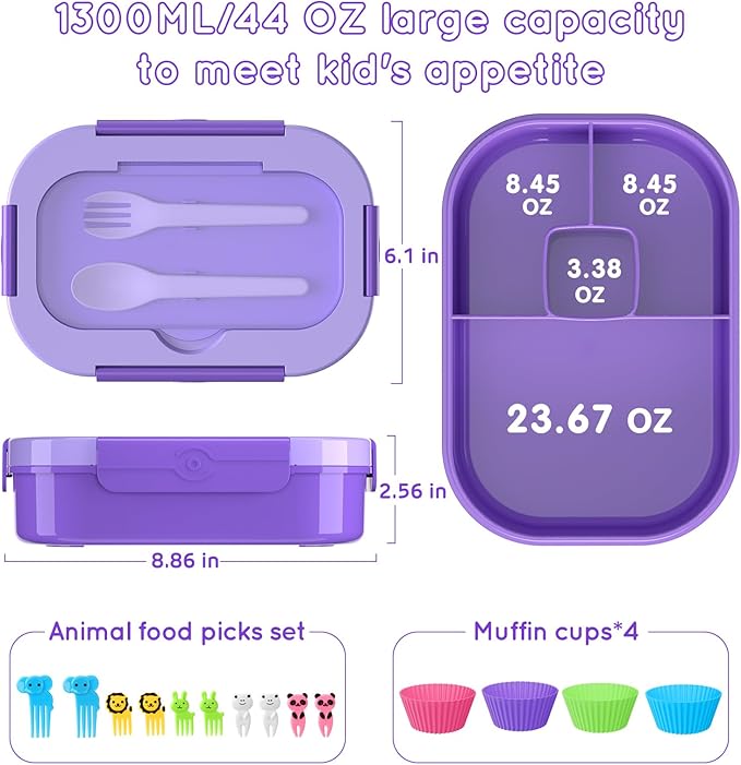 Lunch Box Kids Adult Bento Box Bento-Style Lunch Box 1300ml Ideal Portion Size Leak Proof for Teens Toddlers, BPA Free Lunchbox Containers for School Work Picnic (Purple)