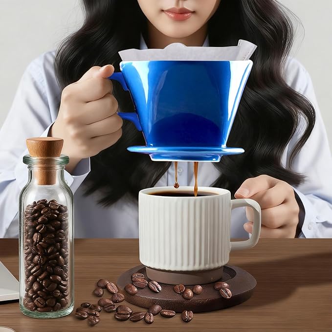 Handmade Pour Over Ceramic Coffee Dripper - Authentic Brewing Experience for Camping, Office, and Home (Blue)