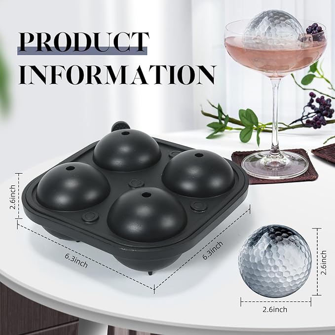 4 Holes Ice Cubes Silicone 2.5 inch Golf Ball Ice Cube Molds for Whiskey, Cocktails, Beer, Golf Gift, Party Tray with Funnel