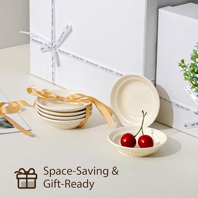 NUTRIUPS 3.9 inch Soy Sauce Dish Set of 6 White Dipping Bowls 2 oz Ceramic Small Bowls for Side Dishes