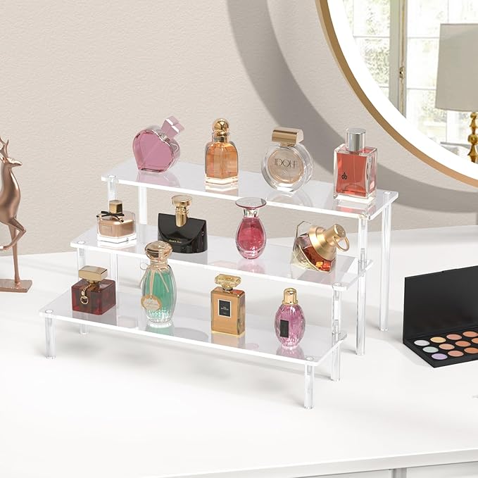 Acrylic Display Risers, 3 Tier Perfume Organizer Stand, Clear Cupcake Stand Holder, Large Shelf Risers for Figures, Dessert Shelves for Party, Display Shelf for Decoration and Organizer