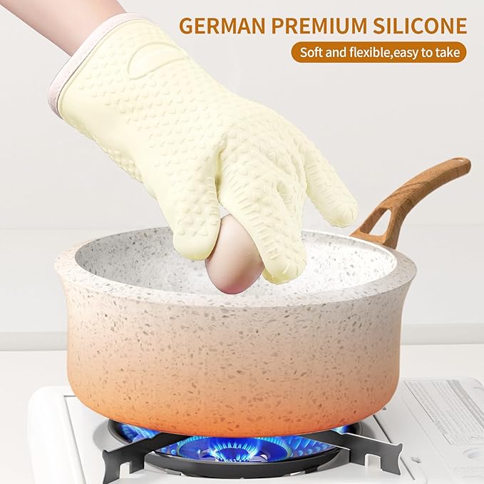 MAD SHARK Silicone Oven Mitts Heat Resistant 450 Degrees,Waterproof & Non-Slip Oven Gloves with Fingers,Cotton Lined Silicone Oven Gloves Kitchen Mitts for Baking Cooking Barbecue,Women,Oven (White)