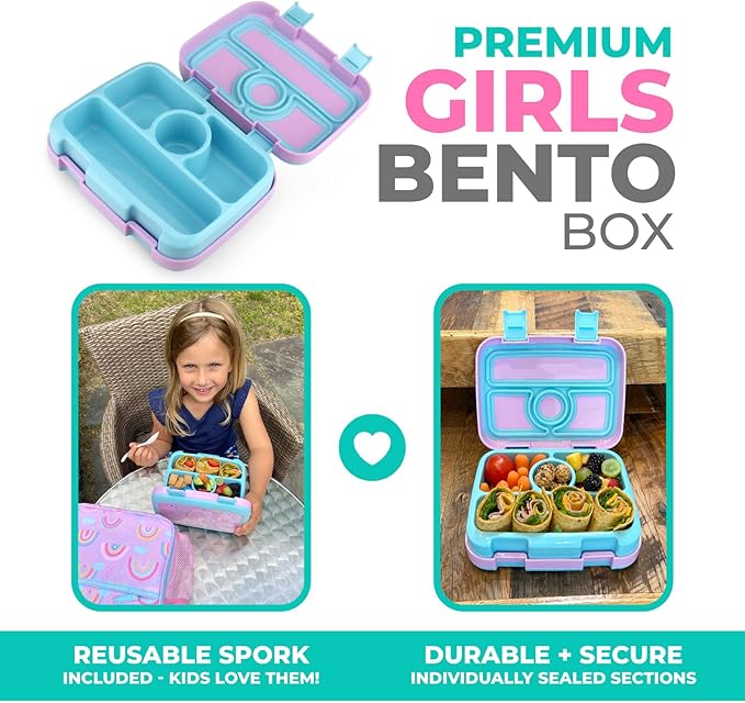 kinsho Kids Bento Lunch Box, Reusable Meal and Snack Container, Lunch Boxes For Small Girls & Toddlers Lunches, 4 Compartment - School, Daycare, Drop-Proof BPA Free, Purple Rainbow