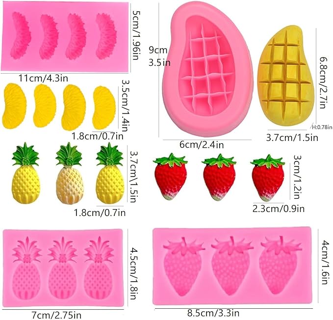 4Pcs Fruit Shaped Silicone Jelly Molds Strawberry Baking Mold 3D Orange, Mango,Pineapple Strawberry Embed Fondant Molds Soap Molds Wax Embeds,Wax Melts Molds for Candy Cake Cupcake Topper