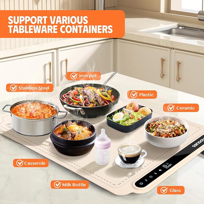 Electric Warming Tray, Portable Silicone Food Warming Mat, Versatile Full Surface Heating Food Warmer with 7 Level Temperature and 6 Hours Timer (White)