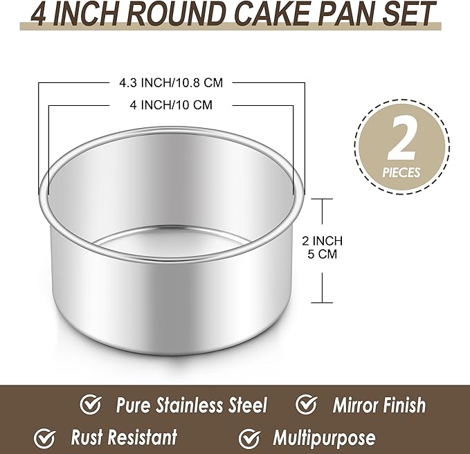 Homikit Mini Round Cake Pan Set of 2, 4 Inch Stainless Steel Small Baking Pans, 2” Deep Layer Smash Cake Tins, Oven & Dishwasher Safe，Non-Toxic & Healthy