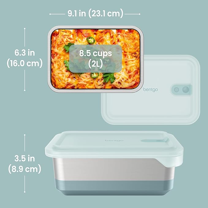 Bentgo® MicroSteel® Heat & Eat Container - Microwave-Safe, Sustainable & Reusable Stainless Steel Food Storage Container with Airtight Lid for Eco-Friendly Meal Prepping (Family Size - 8.5 Cups)
