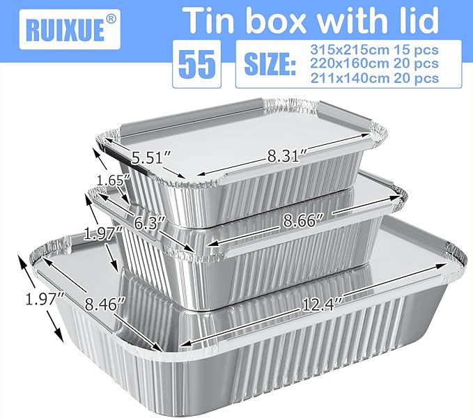 Notwoe® Disposable Aluminum Pans with Lids, 10x7.5 and 7.3x5.3 Square 6.9x4.3 Square Combo Set, Disposable Baking and Cake Pan. (55 Pack W-Lids)