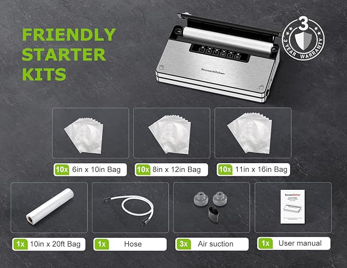 Bonsenkitchen Vacuum Sealer Machine, Stainless Steel Food Sealer Vacuum Sealers with 30 Bags & 1 Roll, 5 Food Vacuum Modes, Built-in Cutter & Bag Storage (Silver Black)