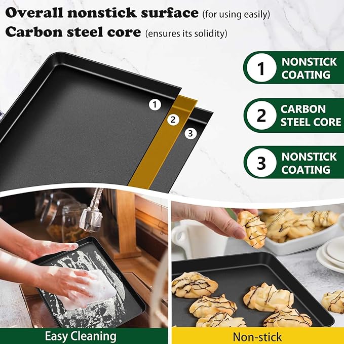 P&P CHEF 12.4 Inch Baking Cookie Sheet Pan, Carbon Steel Oven Tray, Non Stick Bakeware for Cooking Baking Bread Meat Vegetables, Sturdy & Healthy, Easy Clean, 2Pcs
