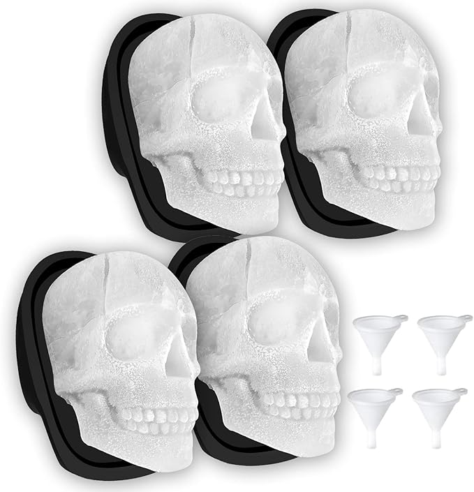 Extra Large 3D Skull Ice Cube Mold Silicone Ice Molds for Whiskey Ice Cube Trays with Funnel for Big Mouth Cup Skull Ice Maker with Resin Chocolate sugar Whiskey Ice Mold for Parties (4 PCS)