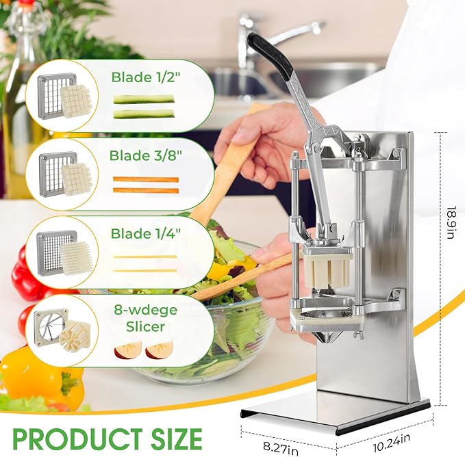 4in1 Commercial French Fry Cutter & Lemon Slicer & Vegetable Chopper - Stainless Steel with Extended Handle - 4 Blades for Home, Bar, Restaurant - Dice, Slice & Chop 1/2", 3/8", 1/4", 8 Wedge
