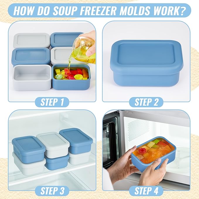 6 Packs 1 Cup Silicone Soup Freezer Molds with Lid Silicone Soup Freezer Trays Rectangle Reusable Food Preserving Tray Freezing Sauces Stews(Dark Blue, Gray)