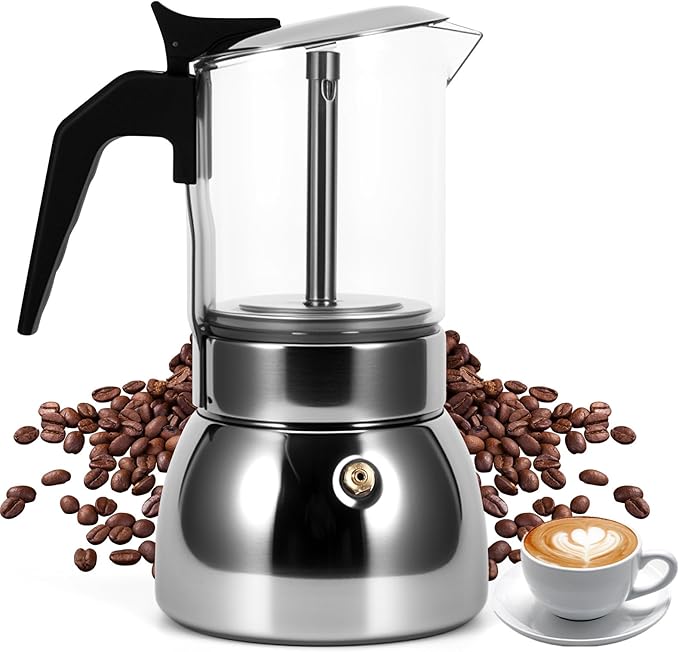 Stovetop Espresso Maker, 6Cup 300ML Stainless Steel Stovetop Italian Coffee Maker Transparent Glass Moka Pot, Coffee Maker Mocha Pot for Home Cafe Outdoor Office