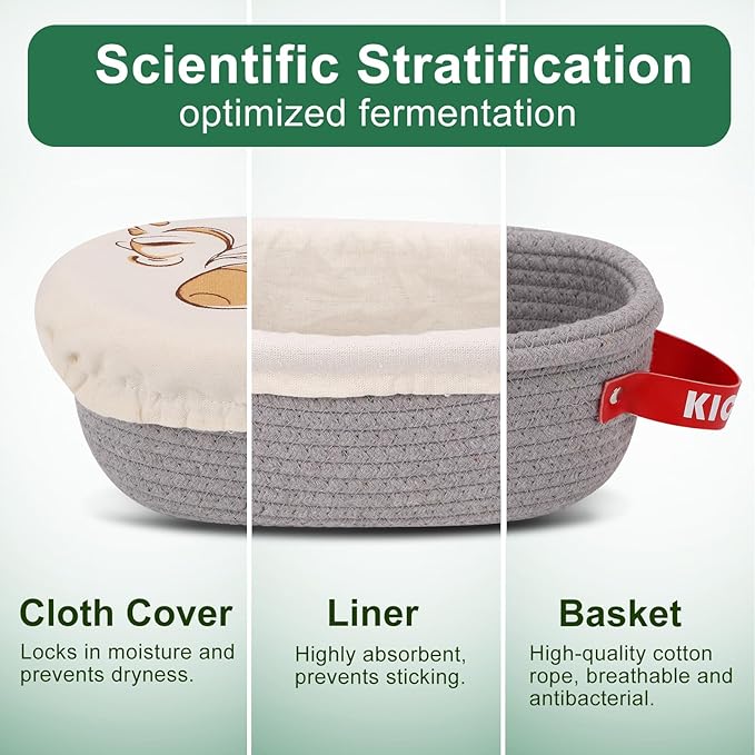 Banneton Bread Proofing Basket Set of 3 (9" Round & 10" Oval& 5" Round) - Natural Cotton Rope Sourdough Proofing Baskets with Reusable Liners & Dust Covers - Artisan Bread Baking Supplies
