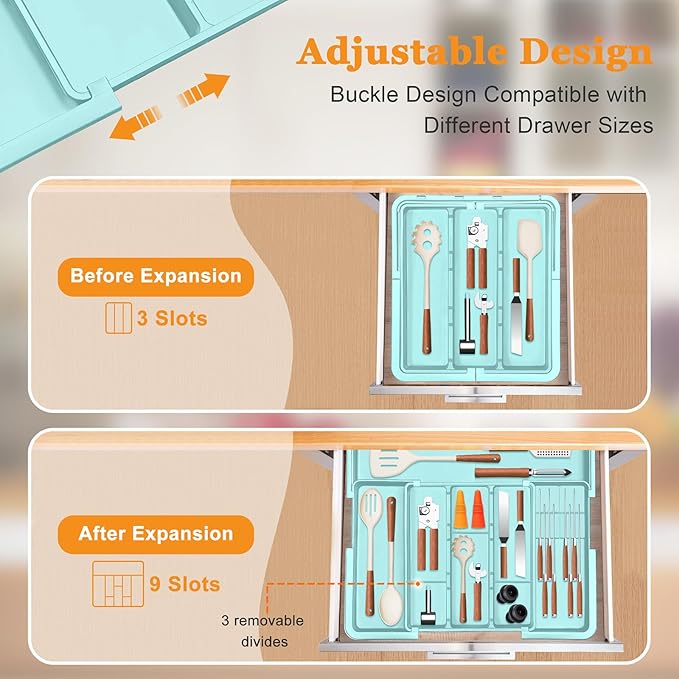 Homecor Utensil Drawer Organizer for Kitchen, Expandable Silverware Organizer Cooking Utensils Tray, Large Cutlery and Flatware Holder, Kitchen Tools & Gadgets Storage (Turquoise)