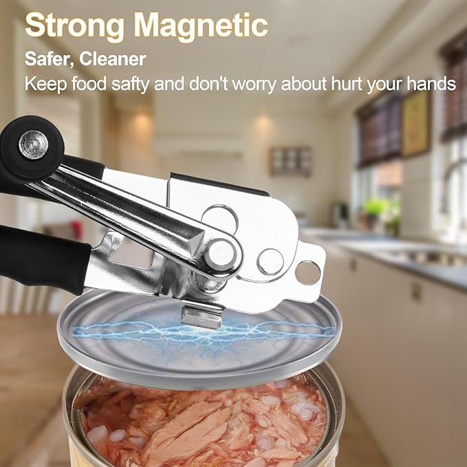 Commercial Can Opener with Magnet, Manual Heavy Duty Folding Hand Crank Can Opener Smooth Edge with Comfortable Long Handles, Fit All Size Cans, Large Cans for Seniors, Kitchen