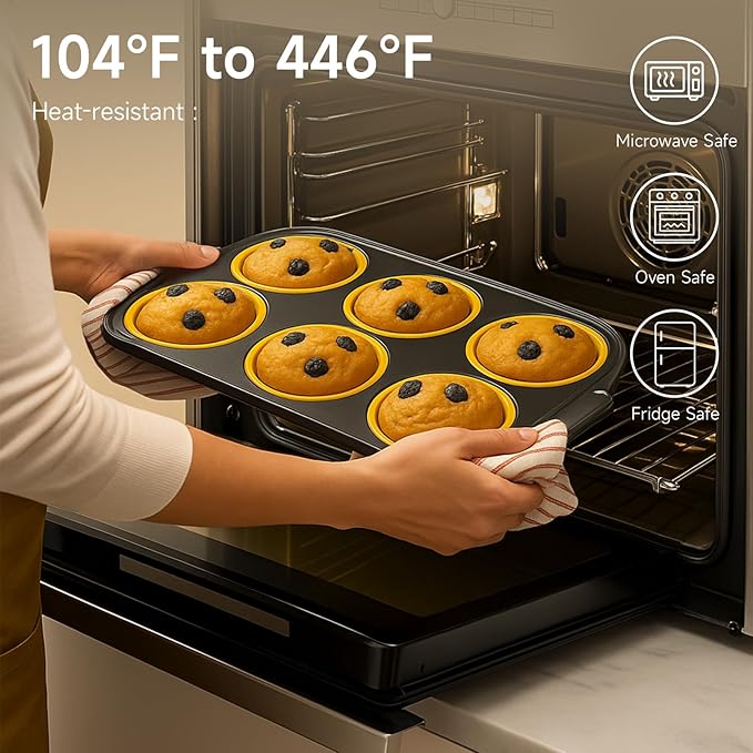 Silicone Muffin Pan for Baking with Metal Frame, Nonstick, 6 Cups Silicone Cupcake Pan, Muffin Tray,Jumbo Muffin Pan, Muffin Molds for Baking Muffins, Cupcakes, Egg Bites (Yellow, 1Pcs)