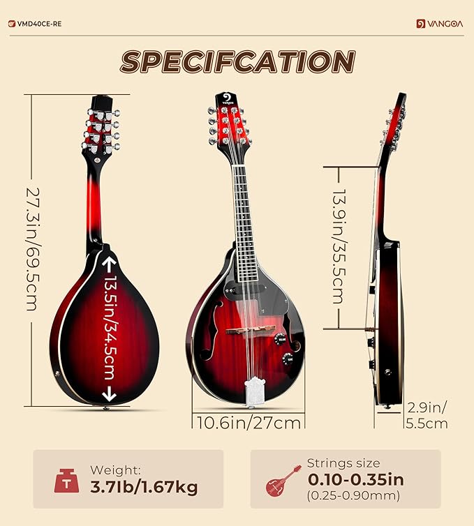 Vangoa Mandolin Musical Instrument A Style Acoustic Electric, 8 Strings Mahogany for Beginner Adults Teens, Red Burst