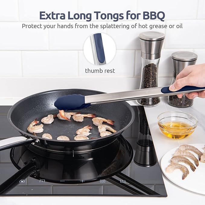 Heat Resistant Silicone Kitchen Tong: U-Taste 16 inch Extra Long Large 480ºF Hot Proof Cooking Tong with Sturdy Non Stick Rubber Tips & Non Slip Silicon Coated Steel Handle for Grill BBQ-Midnight Blue