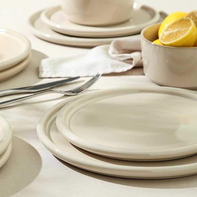 Stone Lain Eden 12-Piece Dinnerware Set Stoneware, Plates and Bowls Set, Dishwasher and Microwave Safe Dish, Dish Set for 4, Beige