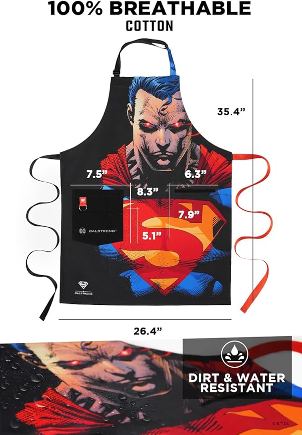 Dalstrong Chef Kitchen Apron - DC Superman™ Heat Vision Edition - Premium Cotton & Nylon Straps - 2 Pockets - Steel Hangloops -Unique Size Fit for All - Stain Resistant