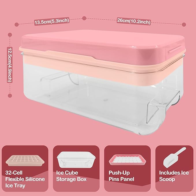 Satax Silicone & Plastic Ice Cube Trays with Lids and Bin - Durable, BPA-Free, Easy Release, Perfect for Cocktails, Coffee & More (1, pink)