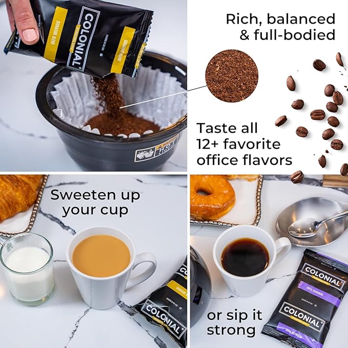 Colonial Coffee 100 Count Single Pot Coffee Packets – Assorted Variety Pack with Medium, Dark, & Decaf Roast Blends | Pre-Measured Frac Packs for 12 Cup Maker | Bulk Ground Gourmet Coffee for Home & Office